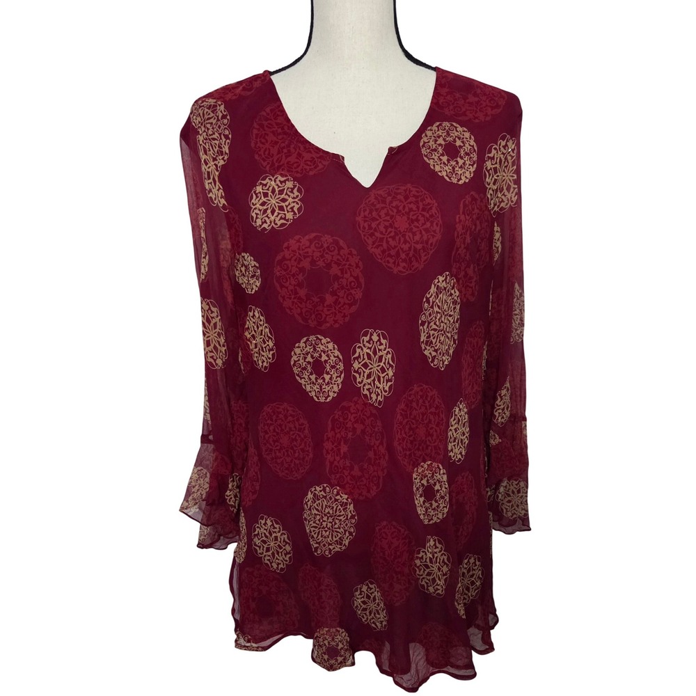 New York City Design Co Silk Tunic Blouse Burgundy Gold Medallion 2X Plus Size